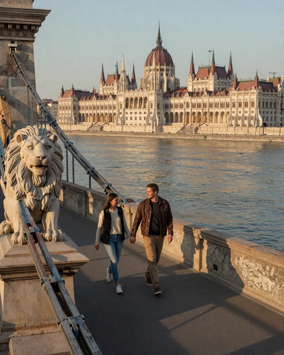 A romantic golden hour view of Budapest's Chain Bridge with the Parliament Building glowing in the background - representing the enchanting Hungarian dating scene