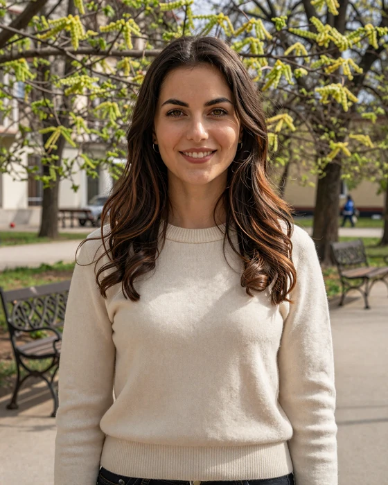 Valentina, a Moldovan woman from Chișinău standing in a sunlit park with linden trees - representing the warmth and sincerity of Moldovan singles on Nspolar