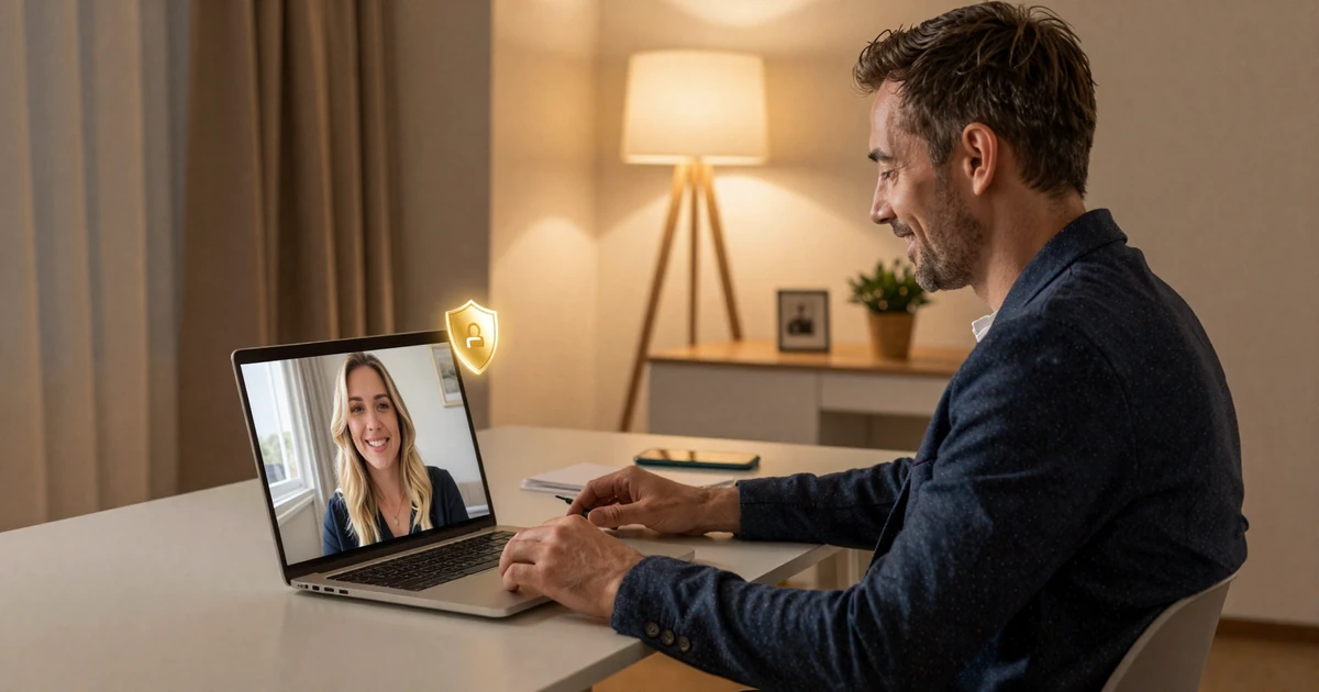 American man on a verified video chat with a Slavic woman through Nspolar's secure verification system