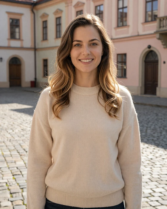Zuzana, a Slovakian woman from Bratislava standing in a sunlit Old Town courtyard with Baroque architecture - representing the warmth and elegance of Slovak singles on Nspolar