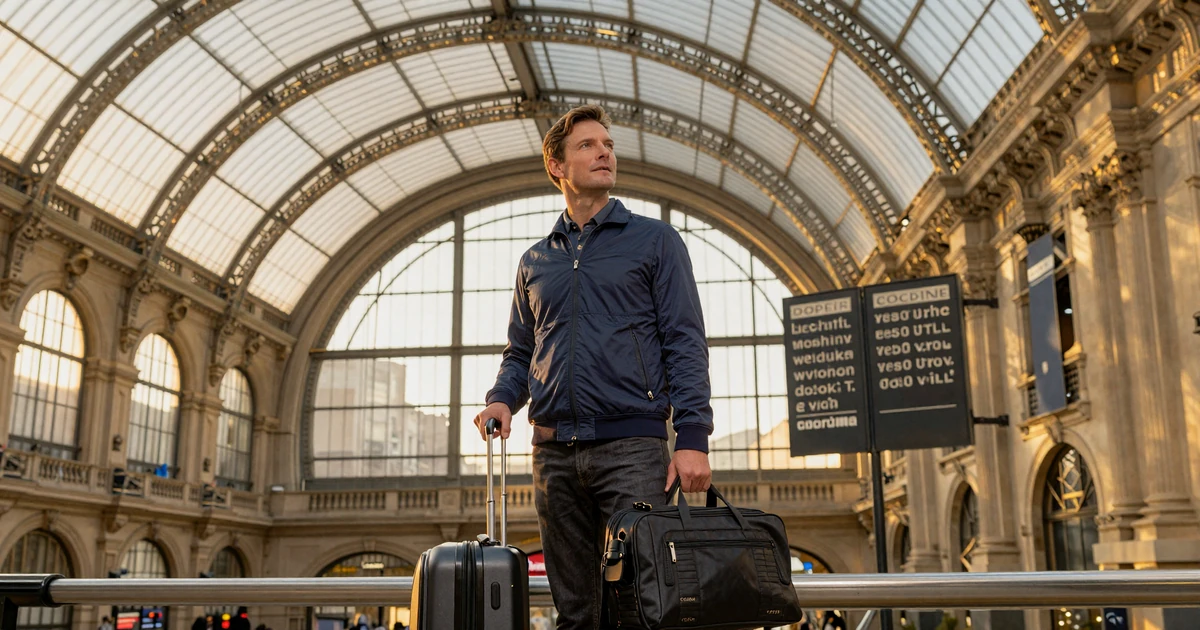 American man at a European train station preparing for his first trip to meet his Slavic partner