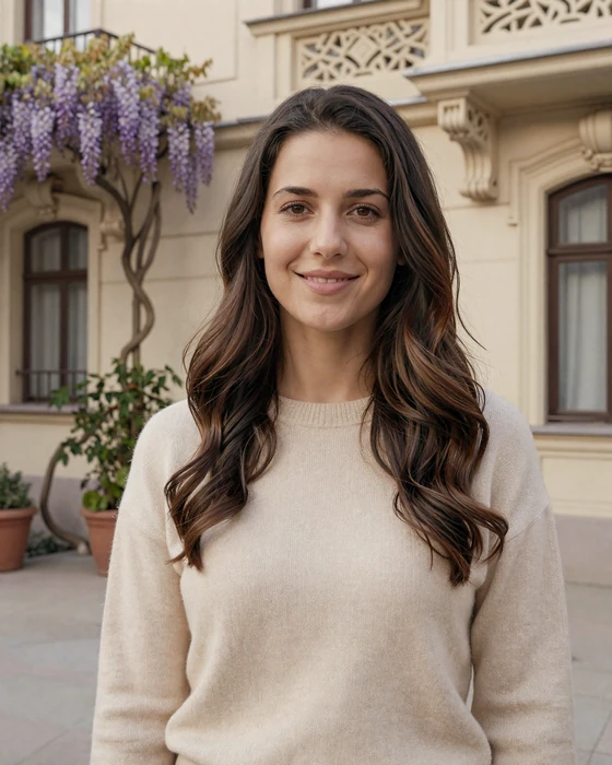 Eszter, a Hungarian woman from Budapest standing in a sunlit courtyard with Art Nouveau architecture - representing the passion and elegance of Hungarian singles on Nspolar