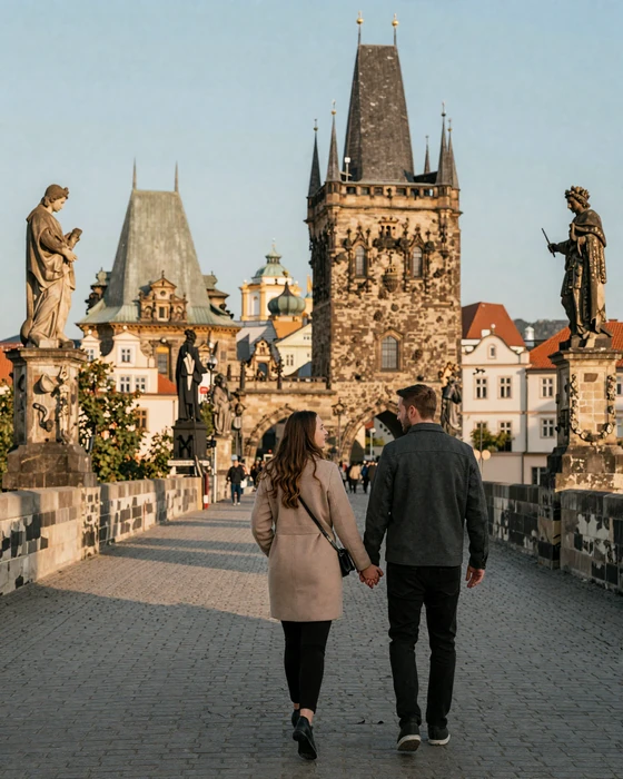 A romantic golden hour view of Prague's Charles Bridge with a couple walking hand in hand - representing the beauty of the Czech dating scene