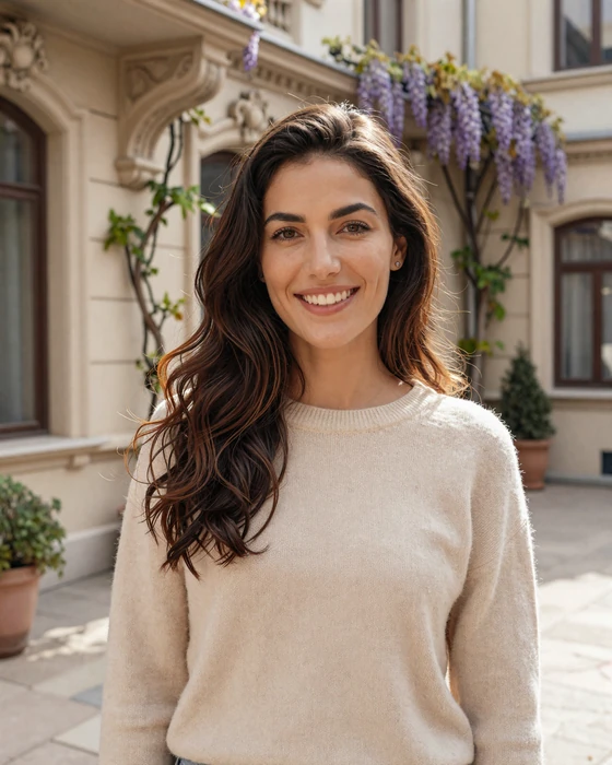 Cosmina, a Romanian woman from Bucharest standing in a sunlit courtyard with Belle Époque architecture - representing the beauty and warmth of Romanian singles on Nspolar