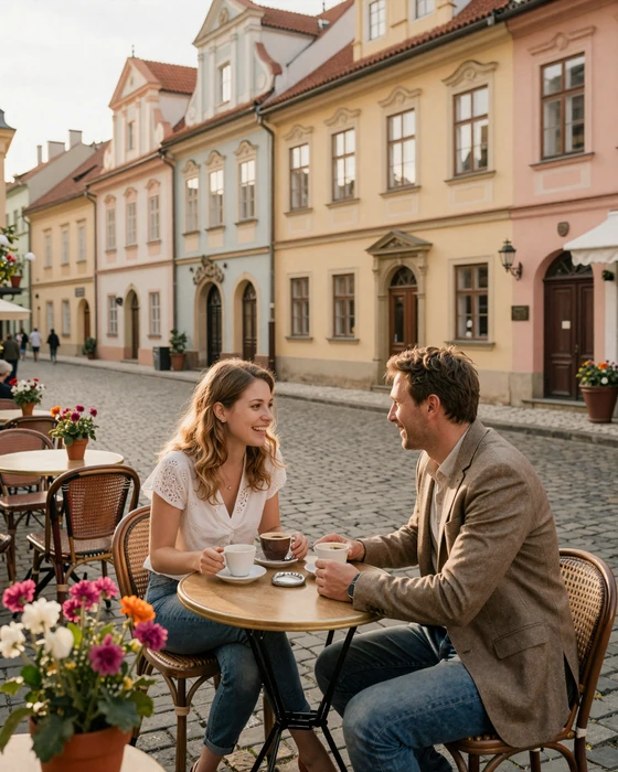 An American man and Czech woman enjoying coffee at a charming Prague cafe with colorful Baroque buildings - representing the European lifestyle advantages of Czech dating