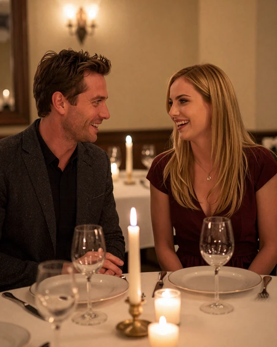 American man and Slavic woman laughing together at a romantic candlelit dinner in an elegant European restaurant