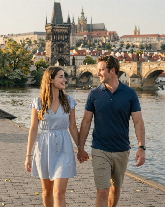 An American man and Czech woman walking hand in hand along the Prague riverbank with Charles Bridge in background - representing a successful international couple on Nspolar